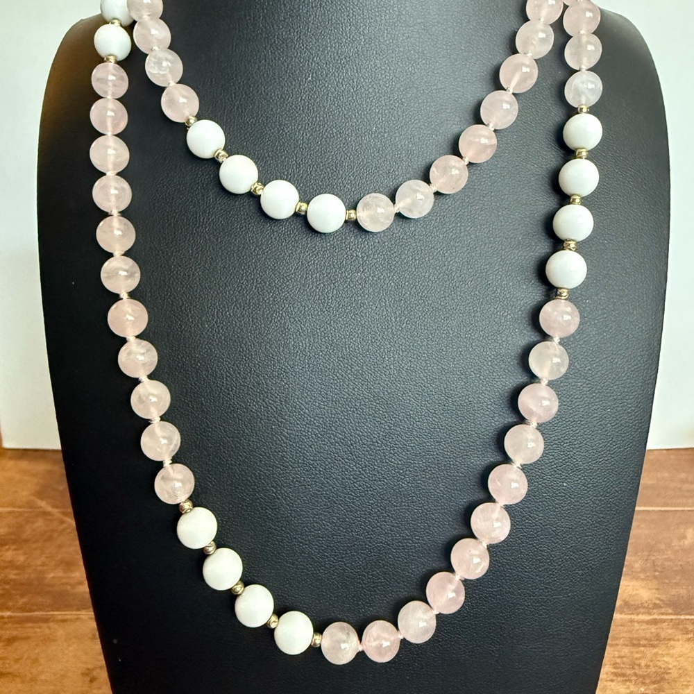 Rose Quartz and White Milk Glass Necklace - Picture 2 of 10